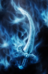 Poster - Ornamental Sword in fire with spots, Original painting and computer collage.
