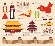 Country China Travel Vacation Guide Of Goods, Places And Features. Set Of Architecture, Fashion, People, Items, Nature Background Concept. Infographic Template Design For Web And Mobile On Flat Style