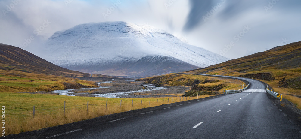 Curve line road surround by yellow field with snow mountain background Autumn season Iceland - obrazy, fototapety, plakaty 