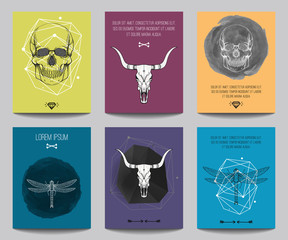 Sticker - Vector set of modern posters with human skulls, bull skulls, dragonflies, geometrical shapes. Trendy hipster style for flyers, banners, brochures, invitations, business contemporary design.