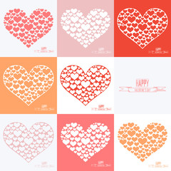 Poster - Happy Valentines day cards. Set of heart sign symbols. Heart of many hearts. Flat color vector illustration.