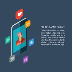 Poster - Online dating service, virtual communication and searching love in internet. Isometric vector illustration.