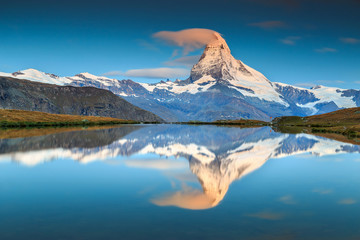 Magical sunrise with Matterhorn peak and Stellisee lake,Valais,Switzerland