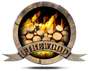 Wall Mural - Firewood - Wooden Symbol / Wooden symbol with a pile of firewood and flames, text Firewood on a wooden ribbon. Isolated on white background