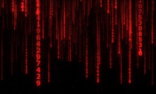 Cyberspace With Falling Digital Lines, Abstract Background With Red Digital Lines