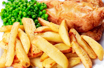 Wall Mural - British Traditional Fish and chips with peas