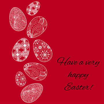 Easter card with eggs on red background