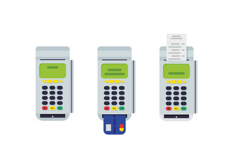 Sticker - POS terminal with inserted credit card and printed reciept. Modern flat design element. EPS10 vector.