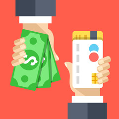 Hand with credit card, hand with cash money flat illustration