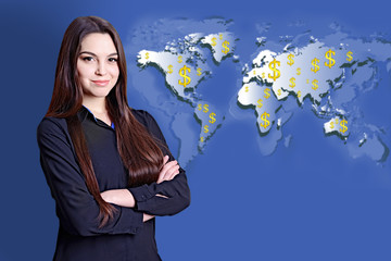 Wall Mural - Business success strategy concept.Portrait of businesswoman on world map background