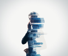 Portrait Of Woman Holding Her Smart Phone In A Hands.  Isolated, Double Exposure
