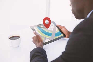 Poster - Composite image of close-up of red map pointer