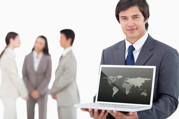 Poster - Composite image of silver world map over dots