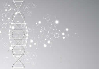 Science template, grey wallpaper or banner with a DNA molecules.