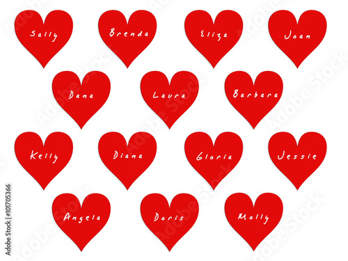 14 hearts with names of women on Valentine's Day Poster