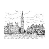 Fototapeta Londyn - View of the Palace of Westminster, Elizabeth Tower (Big Ben) and Westminster Bridge. London, England, UK. Vector hand drawn sketch.