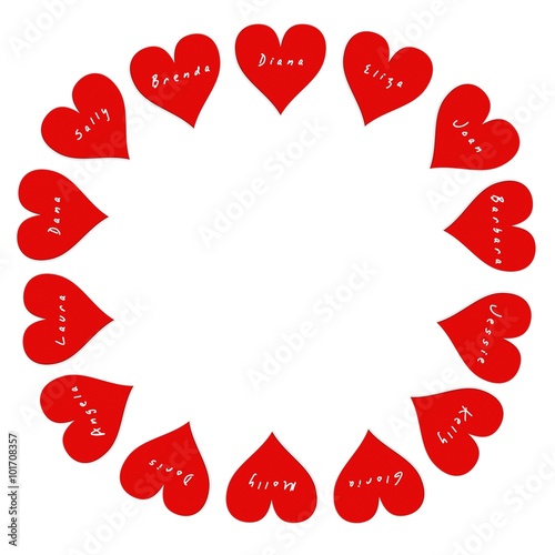 Round frame of 14 hearts with women's names on Valentine's Day Poster