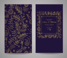 Wall Mural - Gold ornate frame for invitations or announcements. Hand draw flowers