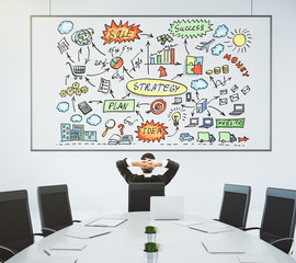 Poster - Businessman looks at the poster with business scheme and confere