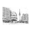TV tower and world clock at Alexanderplatz train station, Berlin, Germany. Vector hand drawn sketch.