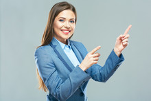 Smiling Business Woman  Pointing Finger On Copy Space.