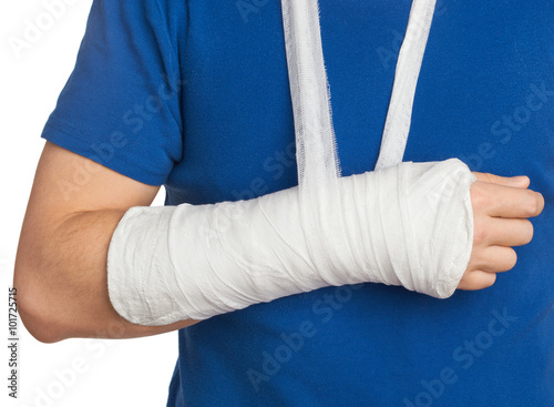 Fotografie, Obraz Men with plastered hand on white background