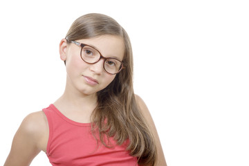 beautiful little girl with glasses isolated on white background