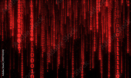 Dekoracja na wymiar  cyberprzestrzen-z-cyfrowymi-spadajacymi-liniami-binarny-lancuch-wiszacy-abstrakcyjne-tlo-z-czerwonym-cyfrowym