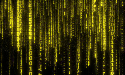 Wall Mural - cyberspace with digital falling lines, binary hanging chain, abstract background with yellow digital lines