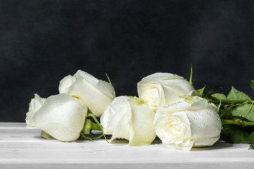 White roses on white boards. 