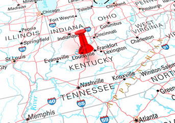 Wall Mural - Red Thumbtack Over Kentucky State USA Map