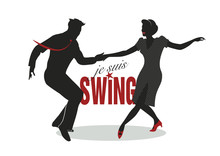 Elegant Couple Dancing Swing. Black Silouettes.