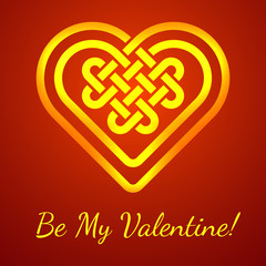 Wall Mural - Be My Valentine card with a Celtic heart shape knot, illustration (glowing heart shape on deep red background)