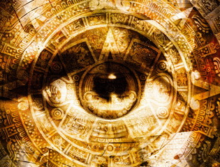 Wall Mural - ancient mayan calendar and woman eye with music note, abstract color background, computer collage.