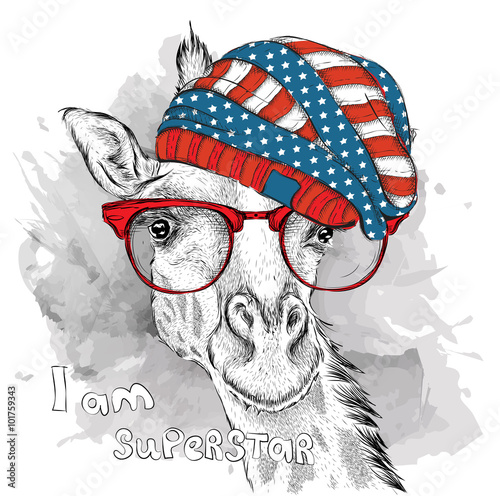 Obraz w ramie Wektorowa żyrafa w śmiesznej czapce i okularach
