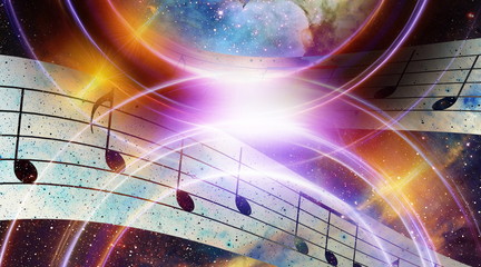 Fototapete - Audio music Speaker and note. Cosmic space and stars, abstract cosmic  background.
