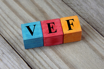 VEF (Venezuelan Bolivar) sign on colorful wooden cubes