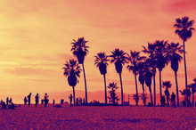 Silhouettes Of People Playing In Venice Beach. Sunset. Summer Concept