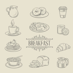 Wall Mural - Decorative hand drawn icons breakfast foods 