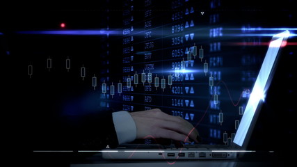 Poster - Hand typing on laptop with futuristic interface
