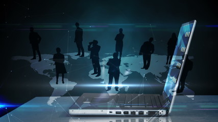Poster - Business people silhouettes popping up by laptop