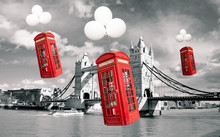 English Phone Booths Flying Above The Tower Bridge