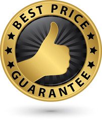 Best price guarantee golden label with thumb up, vector illustra