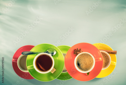 Naklejka - mata magnetyczna na lodówkę cup of coffee and tea on wood