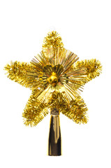 Golden glittering star shaped Christmas ornament isolated on whi