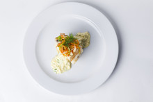 White Fish With Mashed Potatoes And Gravy, Vegetables, Onion Dill Carrot On A Plate For Restaurant Menu Top