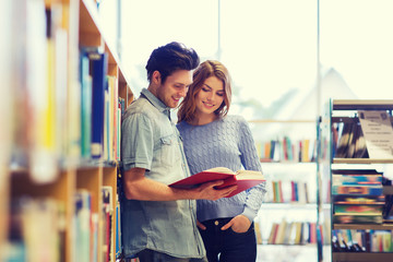 Sticker - happy student couple with books in library