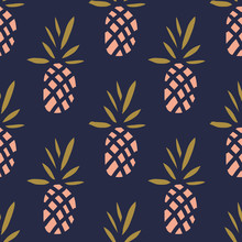Pineapples On The Dark Background. Vector Seamless Pattern With Tropical Fruit.