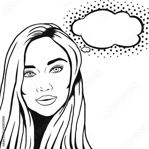Vector Pop Art Retro Young Woman Face With Thought Cloud For Message Outlined Graphic Hand Drawn Beautiful Girl Sketch In Comic Style Buy This Stock Vector And Explore Similar Vectors At