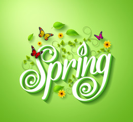 Wall Mural - Spring Word Typography Concept in 3D with Flying Butterflies Plants Vines, Leaves and Flowers Decoration in Green Background. Realistic Vector Illustration
